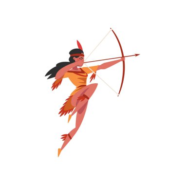 Native American Indian girl shooting a bow, young woman in traditional ethnic clothes and headband with feather vector Illustration clipart