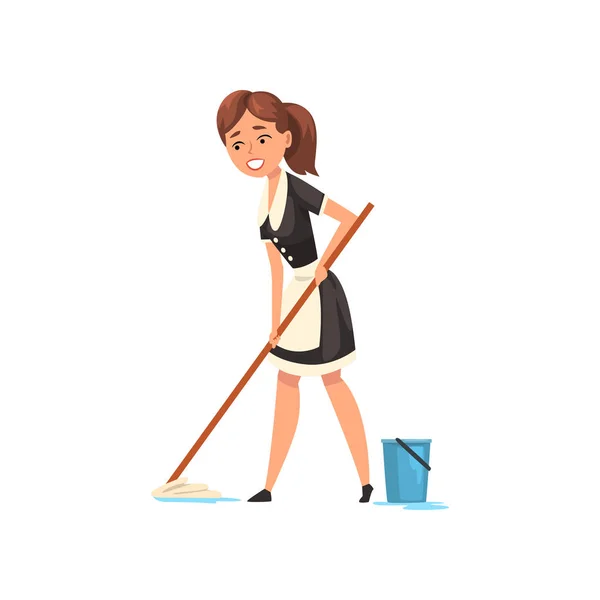Cameriera sorridente pulire il pavimento, carattere cameriera indossa uniforme classica con abito nero e grembiule bianco, servizio di pulizia vettoriale Illustrazione — Vettoriale Stock