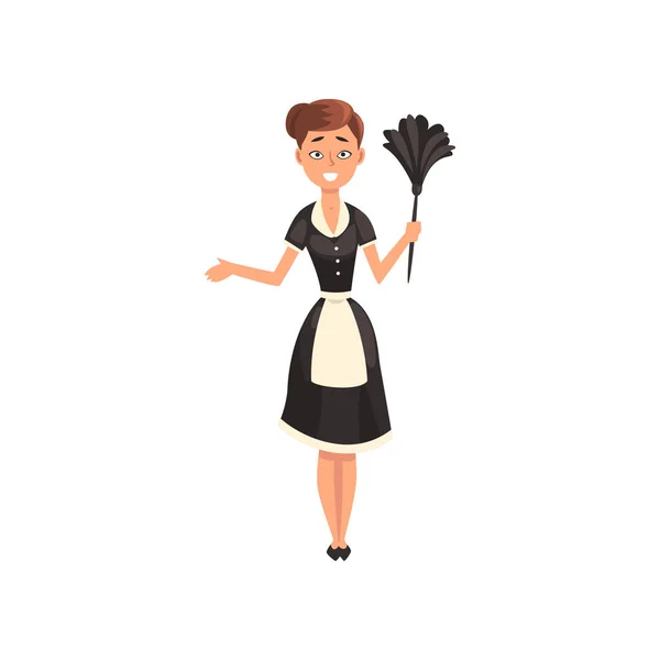 Empregada usando uniforme com espanador, personagem empregada doméstica vestindo uniforme clássico com vestido preto e avental branco, serviço de limpeza vetor Ilustração — Vetor de Stock