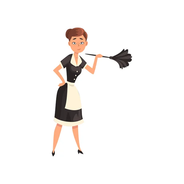 Criada sosteniendo un plumero, carácter de criada vistiendo uniforme clásico con vestido negro y delantal blanco, servicio de limpieza vector Ilustración — Vector de stock