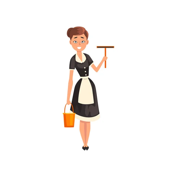 Smiling Maid Holding Squeegee Bucket Housemaid Character Wearing Classic Uniform — Stock Vector