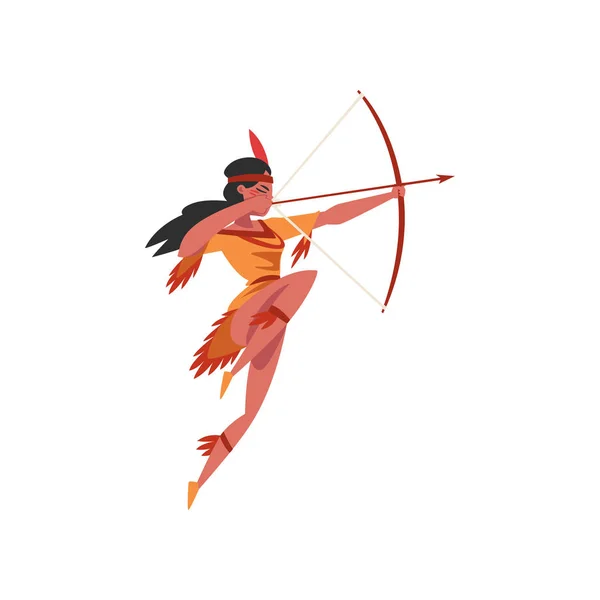 Native American Indian girl shooting a bow, giovane donna in abiti etnici tradizionali e fascia con piuma vettore Illustrazione — Vettoriale Stock