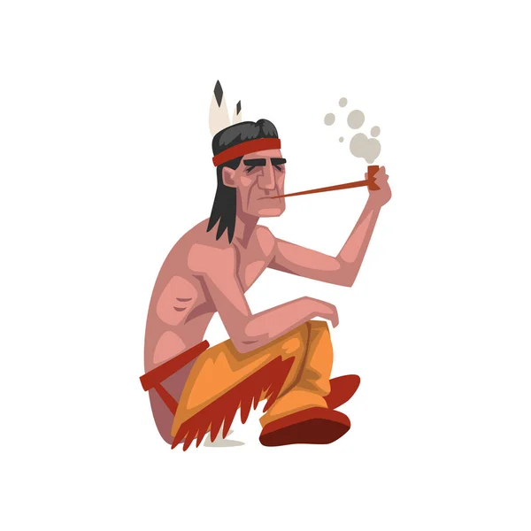 Native American Indian man smoking pipe, tribe member in traditional ethnic clothes and headband with feather vector Illustration — Stock Vector