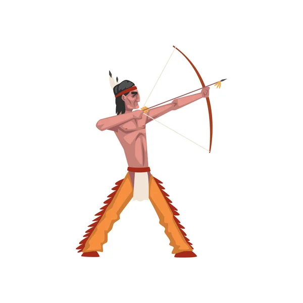 Native American Indian man shooting a bow, tribe member in traditional ethnic clothes and headband with feather vector Illustration — Stock Vector