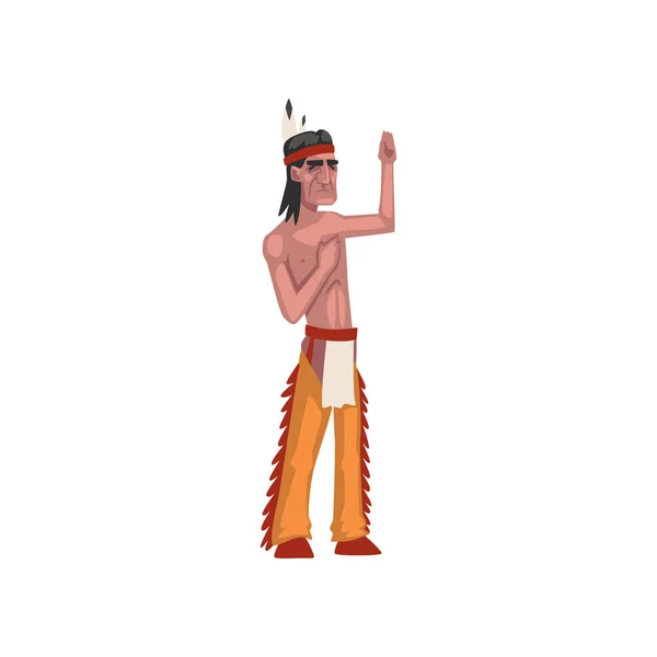 Indien d'Amérique montrant signe de la main, membre de la tribu en vêtements ethniques traditionnels et bandeau avec vecteur de plumes Illustration — Image vectorielle