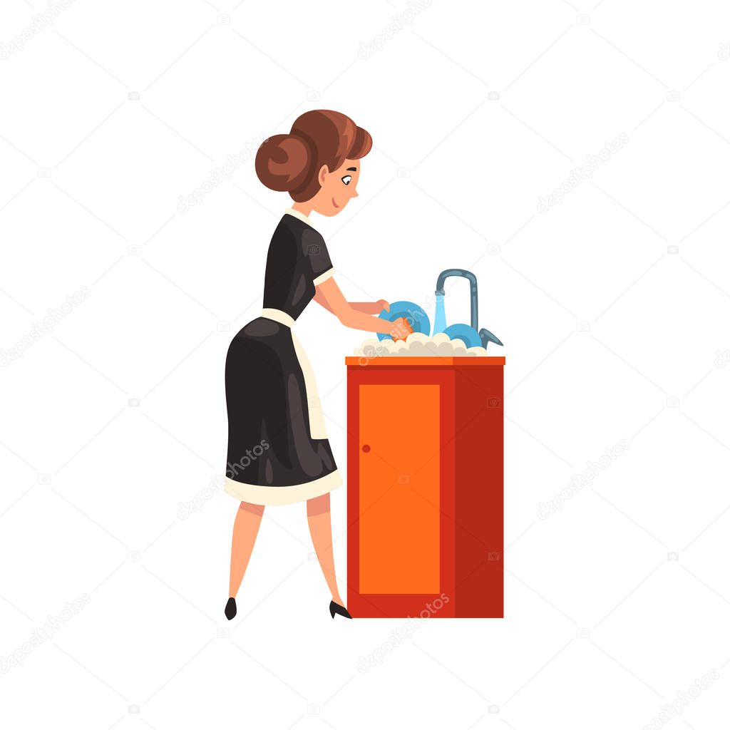 Smiling maid washing dishes in the kitchen, housemaid character wearing classic uniform with black dress and white apron, cleaning service vector Illustration