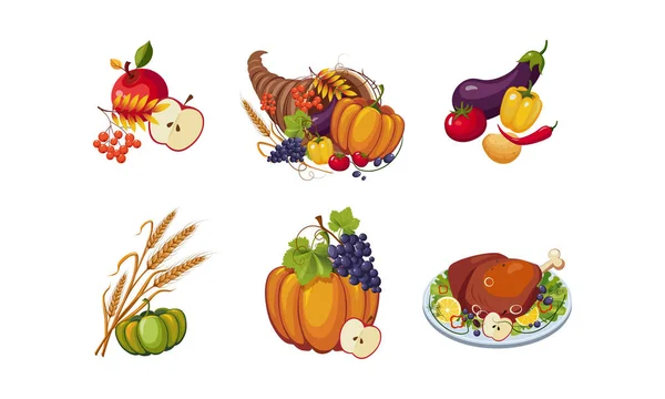 Hösten symboler, samling Thanksgiving day holiday traditionella element vektor Illustration — Stock vektor