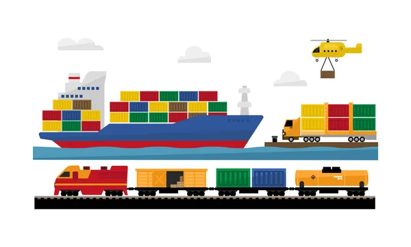 Freight transportation by train ship, helicopter, delivery service vector Illustration — Stock Vector