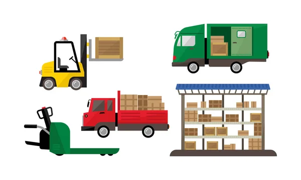 Логистика и транспортировка, склад и доставка, доставка грузов, вектор хранения Иллюстрация — стоковый вектор