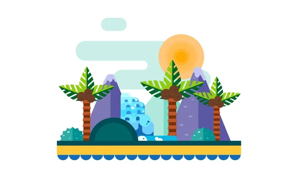 Hermoso paisaje con plantas tropicales y árboles, playa de arena con palmeras, montañas y vector solar Ilustración — Vector de stock