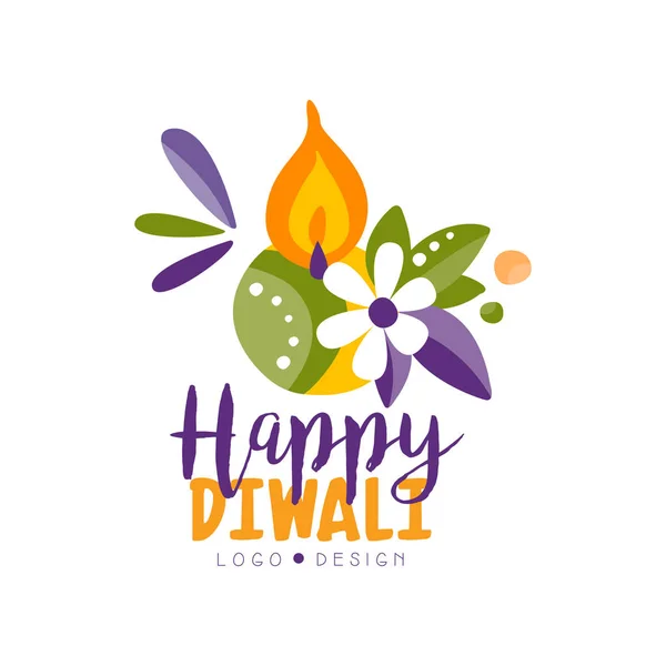 Happy Diwali logotipo colorido, etiqueta festival hindu, cartaz, convite, panfleto, cartão de saudação mão desenhada vetor Ilustração — Vetor de Stock