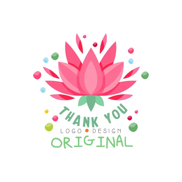 Dank u logo ontwerp origineel, banner, kerstkaart en uitnodiging met belettering, kleurrijke label met florale elementen vector illustratie — Stockvector