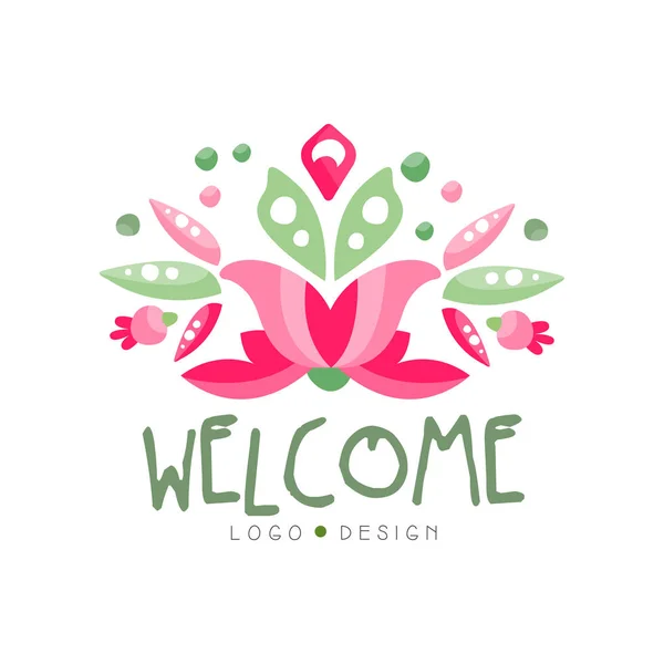 Diseño del logotipo de bienvenida, tarjeta de vacaciones, banner, invitación con letras, etiqueta de colores con elementos florales vector Ilustración — Archivo Imágenes Vectoriales