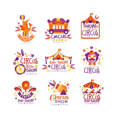 Büyük sirk gösterisi logo tasarımı ayarla, karnaval, Festival etiketleri, rozetleri, elle çizilmiş tasarım öğeleri bir flyear, poster, afiş, davetiye vektör çizim için kullanılabilir