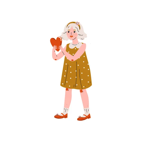 Belle fille blonde tenant coeur rouge, Happy Valentine Illustration vectorielle — Image vectorielle