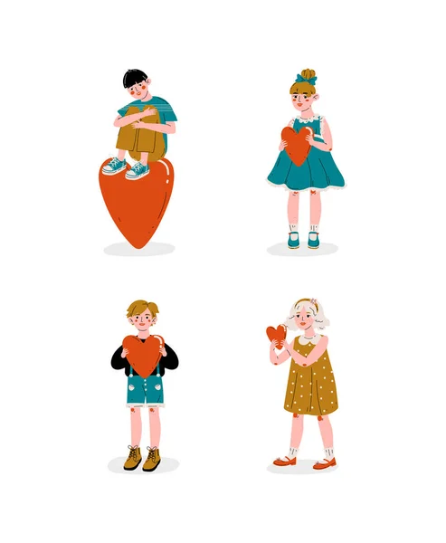 Ragazzi e ragazze che tengono insieme i cuori rossi, felice San Valentino Vector Illustration — Vettoriale Stock