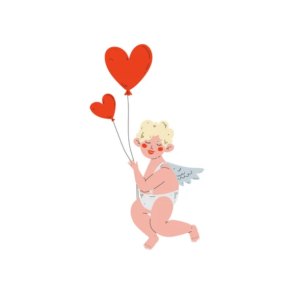 Cupido engraçado bonito com balões em forma de coração, Amur Baby Angel, Feliz Dia dos Namorados Símbolo Vector Ilustração —  Vetores de Stock