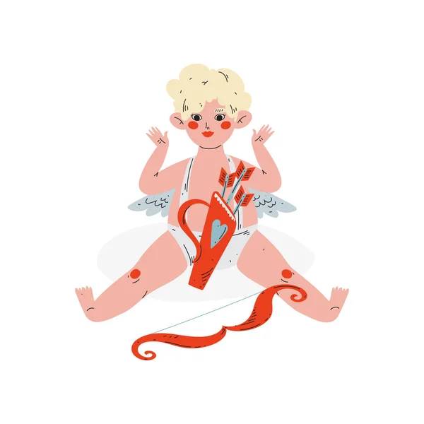 Lindo y divertido Cupido con aljaba de flechas y arco, Amur Baby Angel, Feliz Día de San Valentín Símbolo Vector Ilustración — Vector de stock