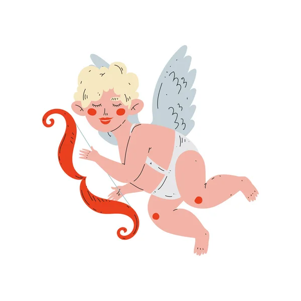 Bonito engraçado Cupido Voando com Arco, Amur Baby Angel, Feliz Dia dos Namorados Símbolo Vetor Ilustração — Vetor de Stock
