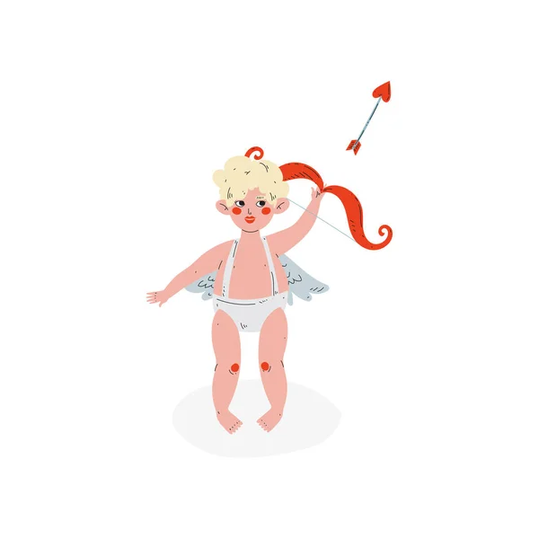 Cute Cupid Shooting Tiro con arco, Amur Baby Angel, Feliz Día de San Valentín Símbolo Vector Ilustración — Archivo Imágenes Vectoriales