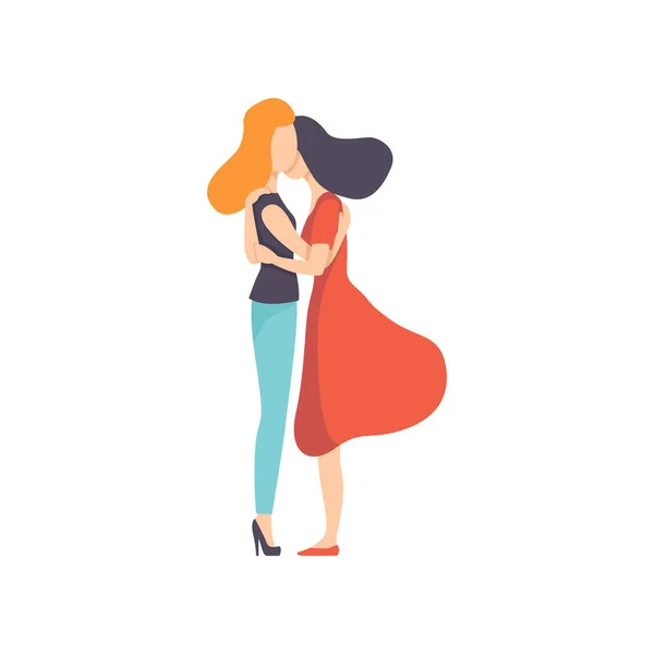 İki güzel kadın arkadaş, sarılma yan görünüm, mutlu toplantı, arkadaşlık illüstrasyon vektör — Stok Vektör