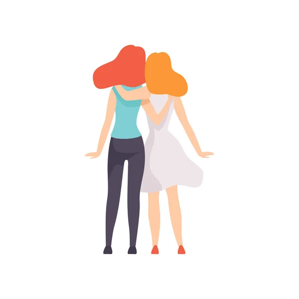 İki güzel kadın arkadaş birlikte, ayakta sarılma arkadan görünüm, arkadaşlık vektör çizim — Stok Vektör