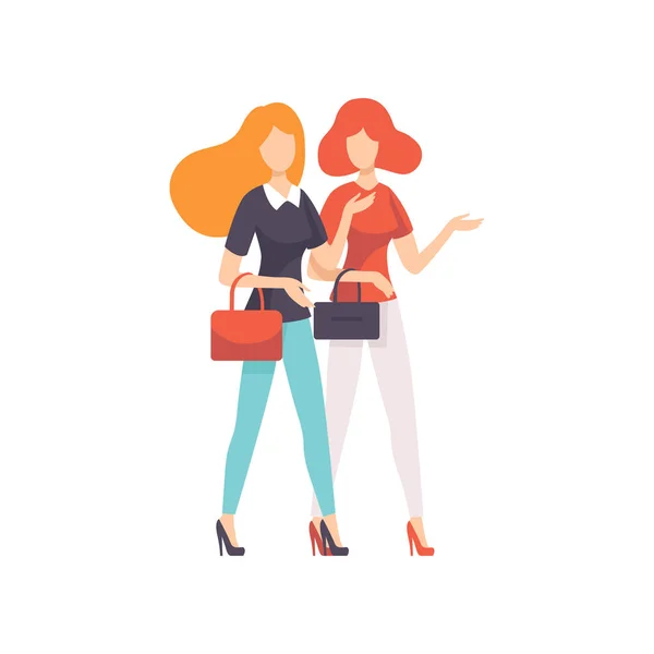 Две красивые женщины, гуляющие или покупающие вместе, векторная иллюстрация женской дружбы — стоковый вектор