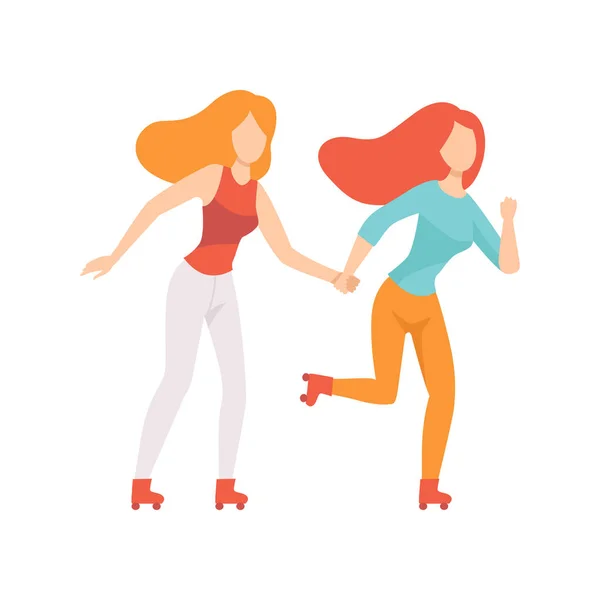 Zwei schöne Freundinnen Inlineskating Händchen haltend, weibliche Freundschaft Vektor Illustration — Stockvektor