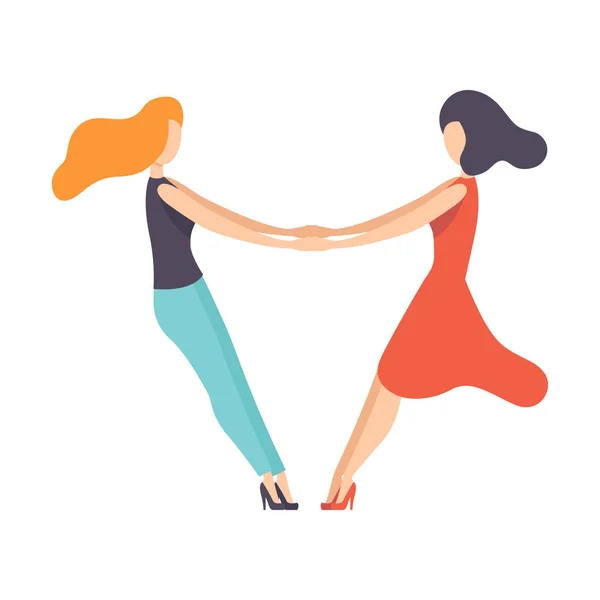 İki güzel kadın arkadaş, el ele tutuşarak mutlu toplantı, arkadaşlık illüstrasyon vektör — Stok Vektör