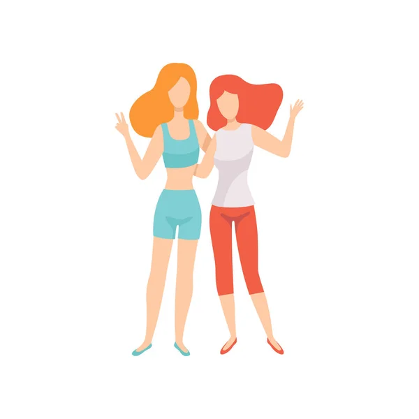 Dva přátelé šťastné ženy představuje dohromady, ženské přátelství vektorové ilustrace — Stockový vektor