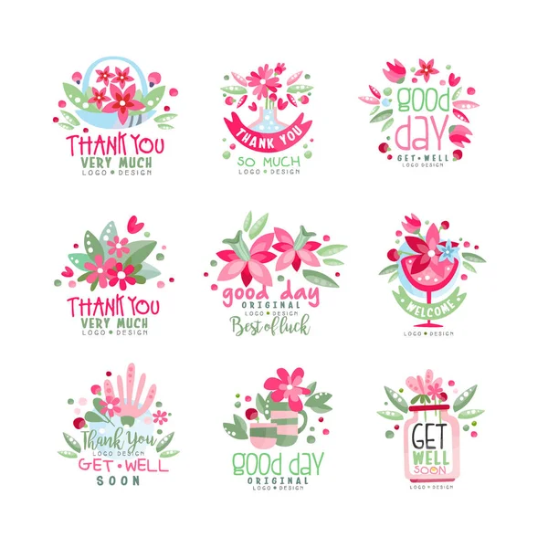 Grazie, Good Day, Get Well logo design set, biglietto da visita, banner, invito con scritte, etichetta colorata con elementi floreali vettoriale Illustrazione — Vettoriale Stock