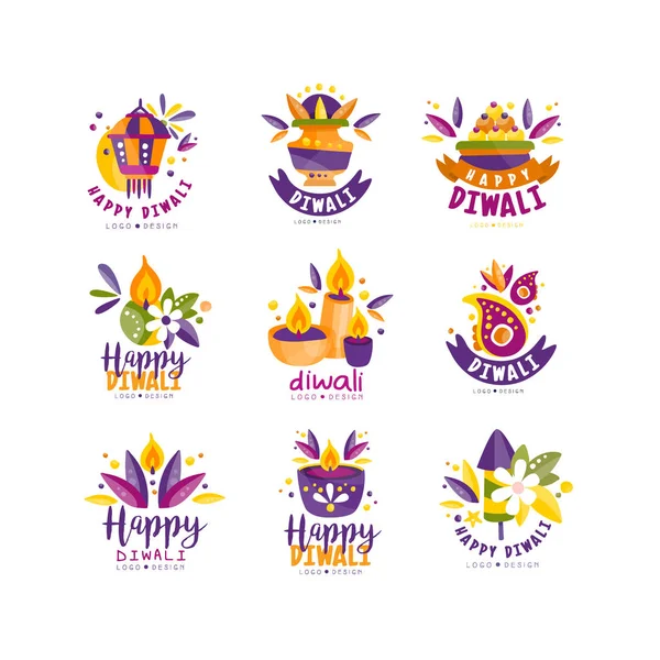 Conjunto de design de logotipo Diwali, festival hindu de etiquetas de luzes, cartaz, convite, panfleto, modelos de cartão de saudação vetor Ilustração — Vetor de Stock