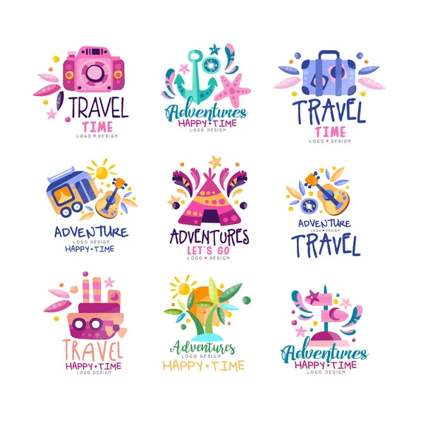 Aventura viaje feliz tiempo logo diseño conjunto, vacaciones de verano, vacaciones, agencia de turismo etiquetas creativas, insignias vector Ilustración — Vector de stock