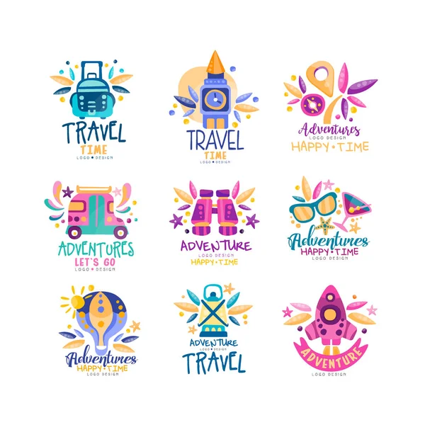 Tiempo de viaje logo diseño conjunto, vacaciones de verano, aventuras, vacaciones, agencia de turismo etiquetas creativas, insignias vector Ilustración — Vector de stock