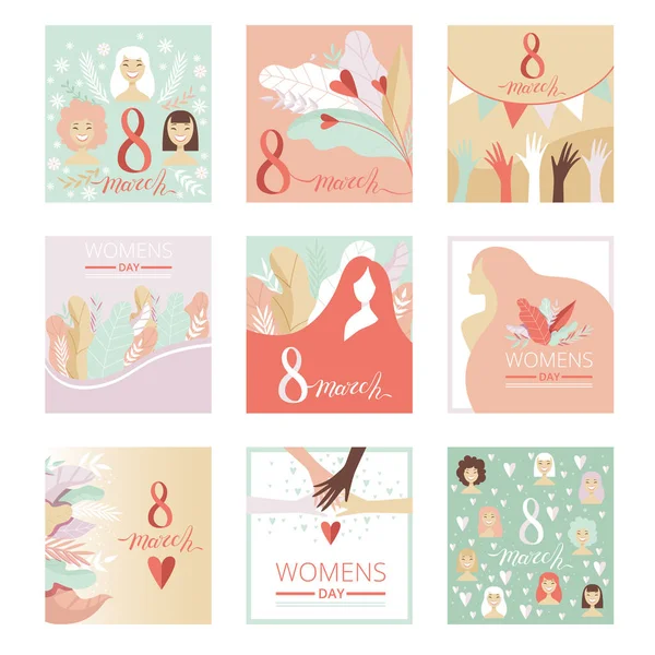 Collection of 8 March Womens Day Greeting Cards, Party Invitation, Festive Banner, Spring or Summer Design Vector Illustration — Stock Vector