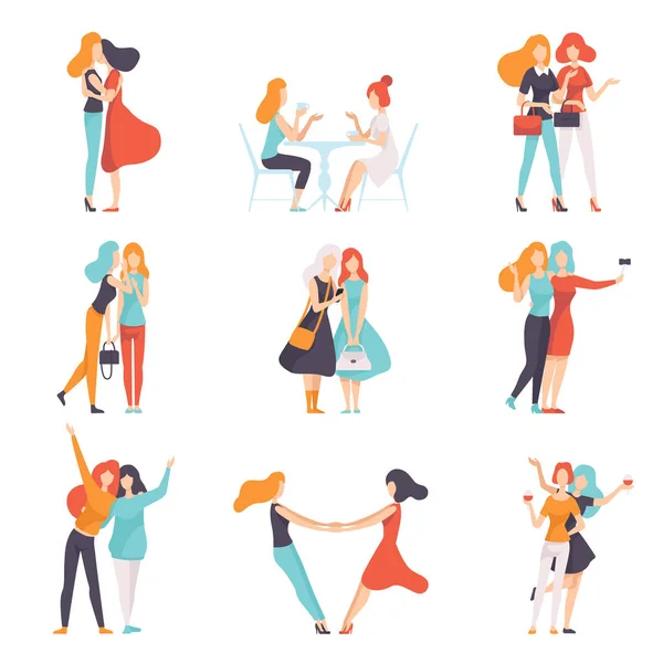 Hermosas mujeres amigas pasando un buen rato juntas, feliz encuentro, amistad femenina Vector ilustración — Archivo Imágenes Vectoriales