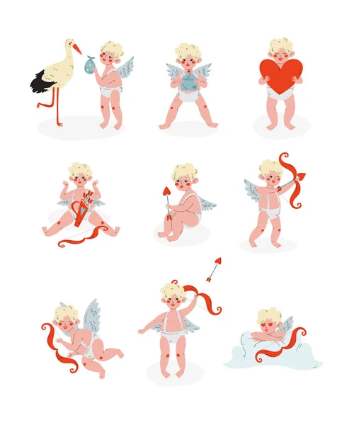 Niedliche lustige Amor in verschiedenen Situationen gesetzt, amur baby angel, happy valentine day symbol vektorillustration — Stockvektor