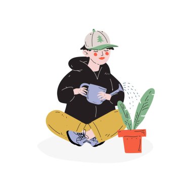 Çocuk houseplant, hobi, eğitim, yaratıcı çocuk gelişim vektör çizim sulama