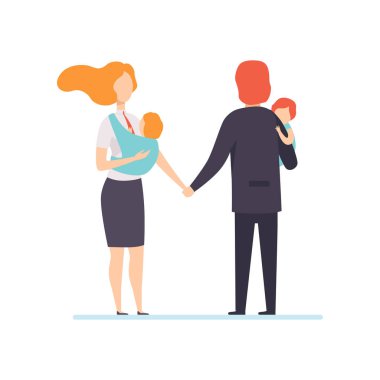 Ayakta ve elele küçük çocuklu ellerine, serbest, iş kıyafetleri Ebeveynler çocuklarla çalışan anne anne ve babası iş adamları illüstrasyon vektör