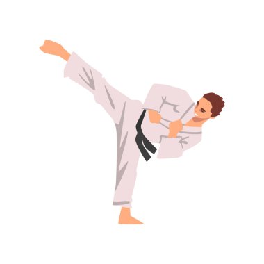 Karate Fighter tekme, Erkek atlet karakter yapıyor Kimono içinde spor üniforma, aktif spor sağlıklı yaşam vektör çizim