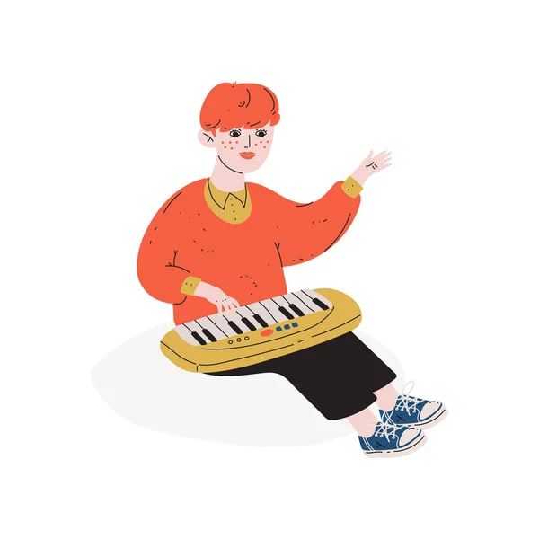 Мальчик играет в синтезатор игрушек, образование, вектор творческого развития ребенка — стоковый вектор