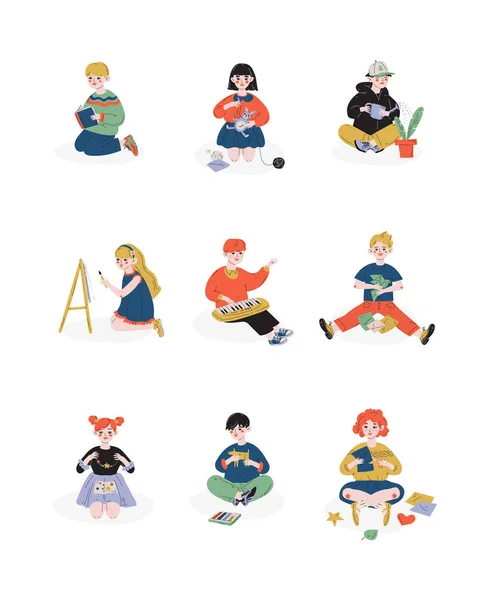 Set di bambini e loro hobby, Ragazzi e ragazze che si prendono cura delle piante, lettura, pittura, lavori di ago, hobby, istruzione, Creative Child Development Vector Illustration — Vettoriale Stock