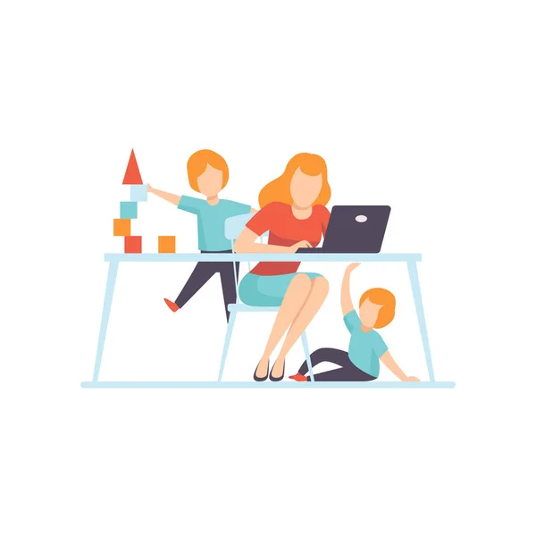 Young Mother Working at Home on Laptop Computer, Her Sons Playing Next to Her, Freelancer, Parent Working with Children, Mommy Businesswoman Vector Illustration — Stock Vector