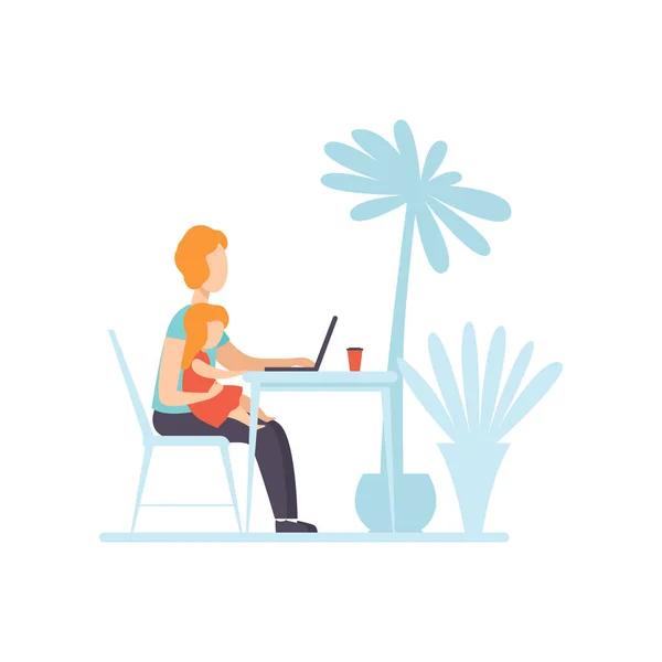 Matka pracuje na laptopie siedząc w Tropical Beach, jej córka siedzi na jej kolana, Freelancer, nadrzędnego pracy z dzieckiem, mama dama ilustracja wektorowa — Wektor stockowy