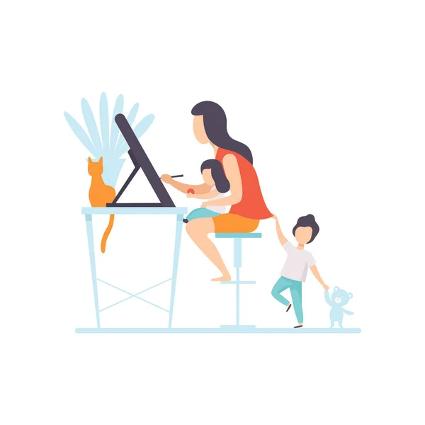 Bosquejo de dibujo de madre joven en la pantalla de la tableta, mujer trabajando en casa, freelancer, padre trabajando con sus dos hijos pequeños, ilustración vectorial de mujer de negocios de mamá — Vector de stock