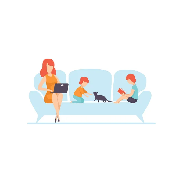 Mother Sitting on Sofa and Working on Laptop Computer, Her Kids Sitting Next to Her, Freelancer, Parent Working with Child, Mommy Businesswoman Vector Illustration - Stok Vektor