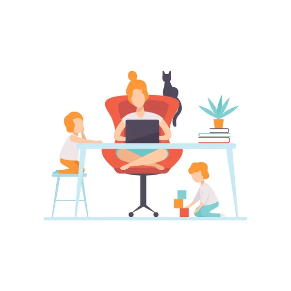 Young Mother Sitting at Desk and Working on Laptop Computer, Her Sons Playing Next to Her, Freelancer, Parent Working with Children, Mommy Businesswoman Vector Illustration — Stock Vector