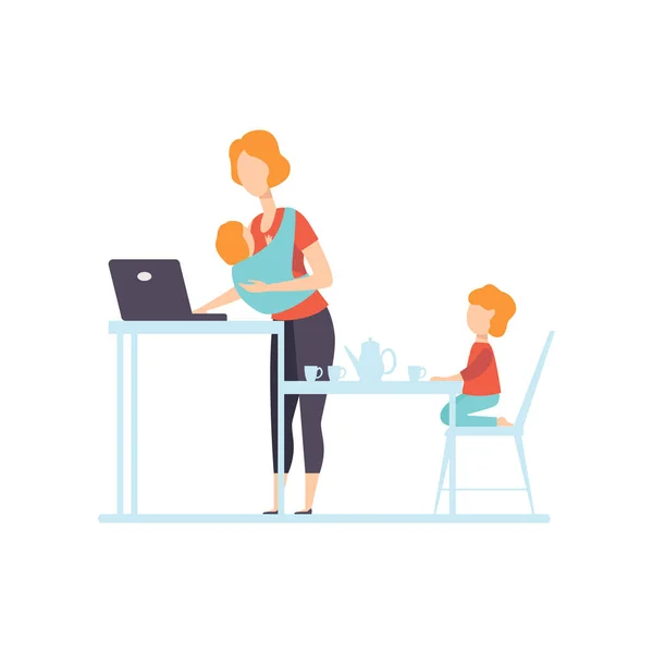 Young Mom with Baby in Sling Working on Laptop Computer, Her Oldest Daughter Playing Next To Her, Freelancer, Parent Working with Child, Mommy Businesswoman Vector Illustration — Stock Vector