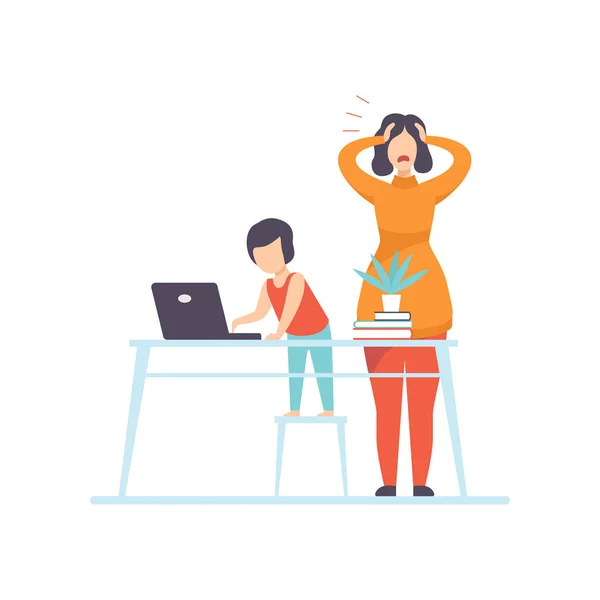 Nervous Young Mother Trying to Work at Home at Computer, Freelancer, Parent Working with Children, Kid Playing at Parent Office Vector Illustration — Stock Vector