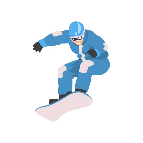 Giovane uomo che salta con lo snowboard, personaggio atleta maschile in uniforme sportiva, illustrazione vettoriale di stile di vita sano sport attivo — Vettoriale Stock